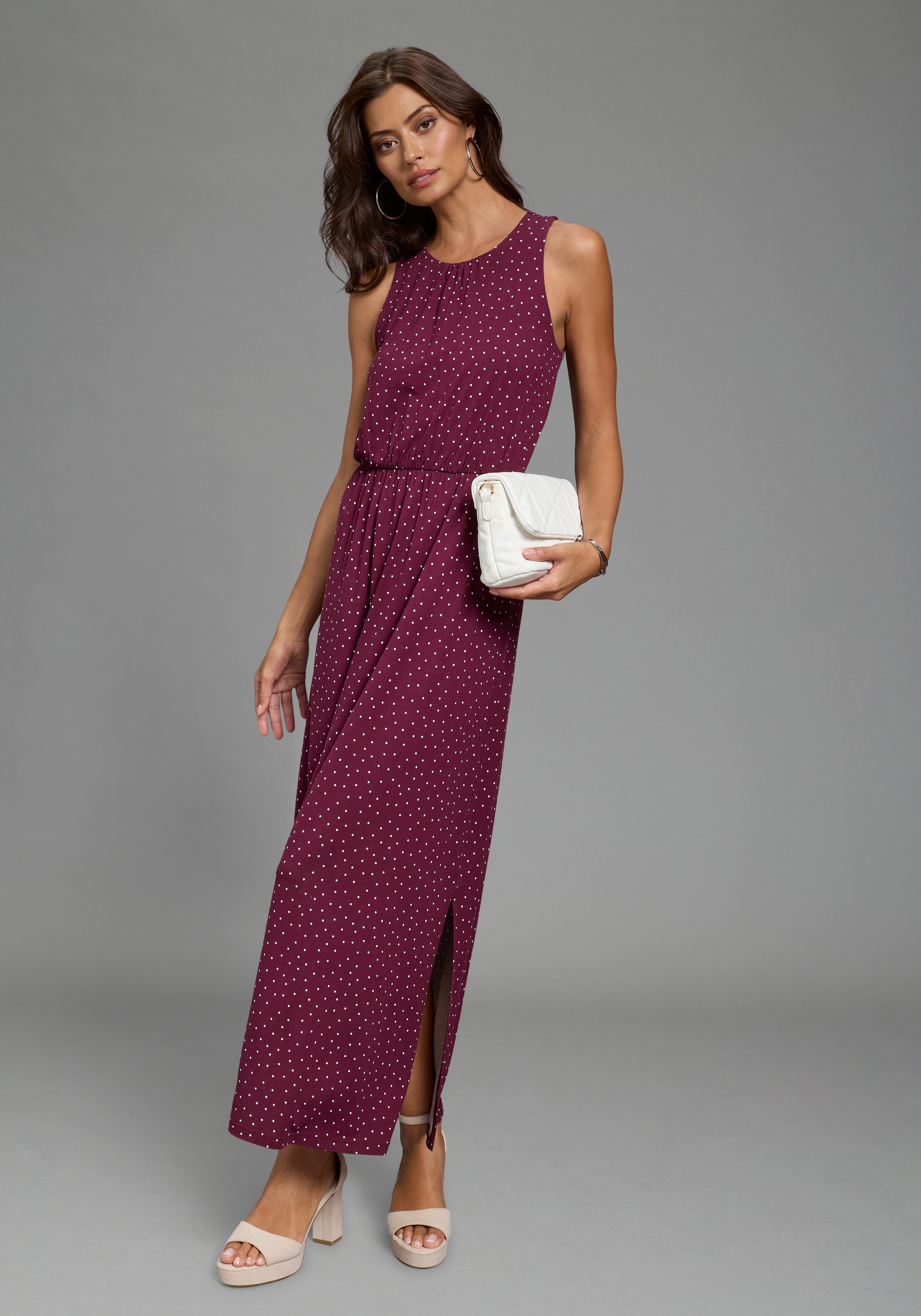 Sommerkleid LAURA SCOTT, Damen, Gr. 38, N-Gr, ohne Ärmel, Single Jersey, lila (bordeaux, gepunktet), Single Jersey, Obermaterial: 95% Viskose, 5% Elasthan, gepunktet, figurumspielend bodenlang, Rundhals, Kleider Sommerkleid, bodennah geschnitten, aus Sing