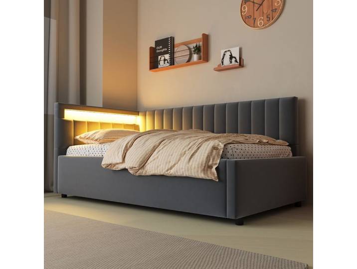 Luscriate - Lit coffre 90x200 cm canapé-lit lit rembourré lit simple avec LED hydraulique design rayé velours - Gris