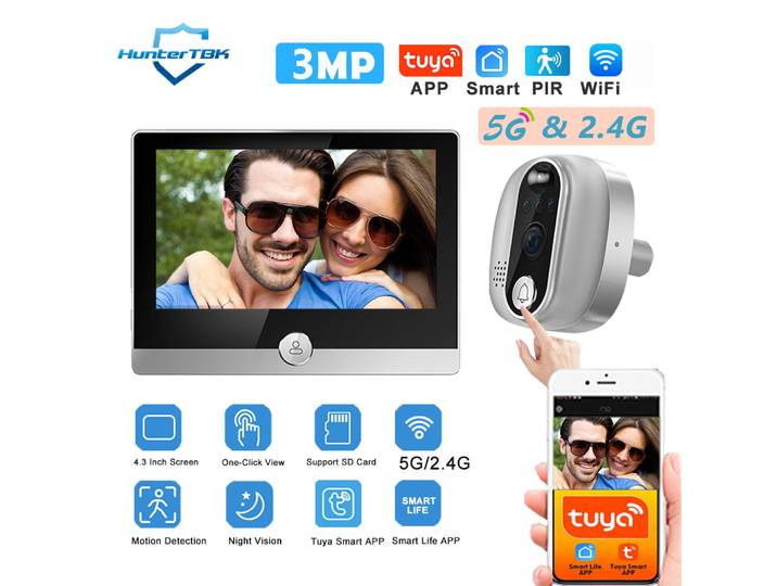 Sonnette de porte WiFi 3MP 5Ghz 2.4Ghz avec caméra de visiophone 1080P Tuya Smart Life 5000mAh, détection de mouvement PIR, vidéo IR, visionneuse numérique