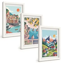 BILDER SET 3er Set - 20x30 cm Weißer Rahmen - Farbenfrohe Berge und Städte