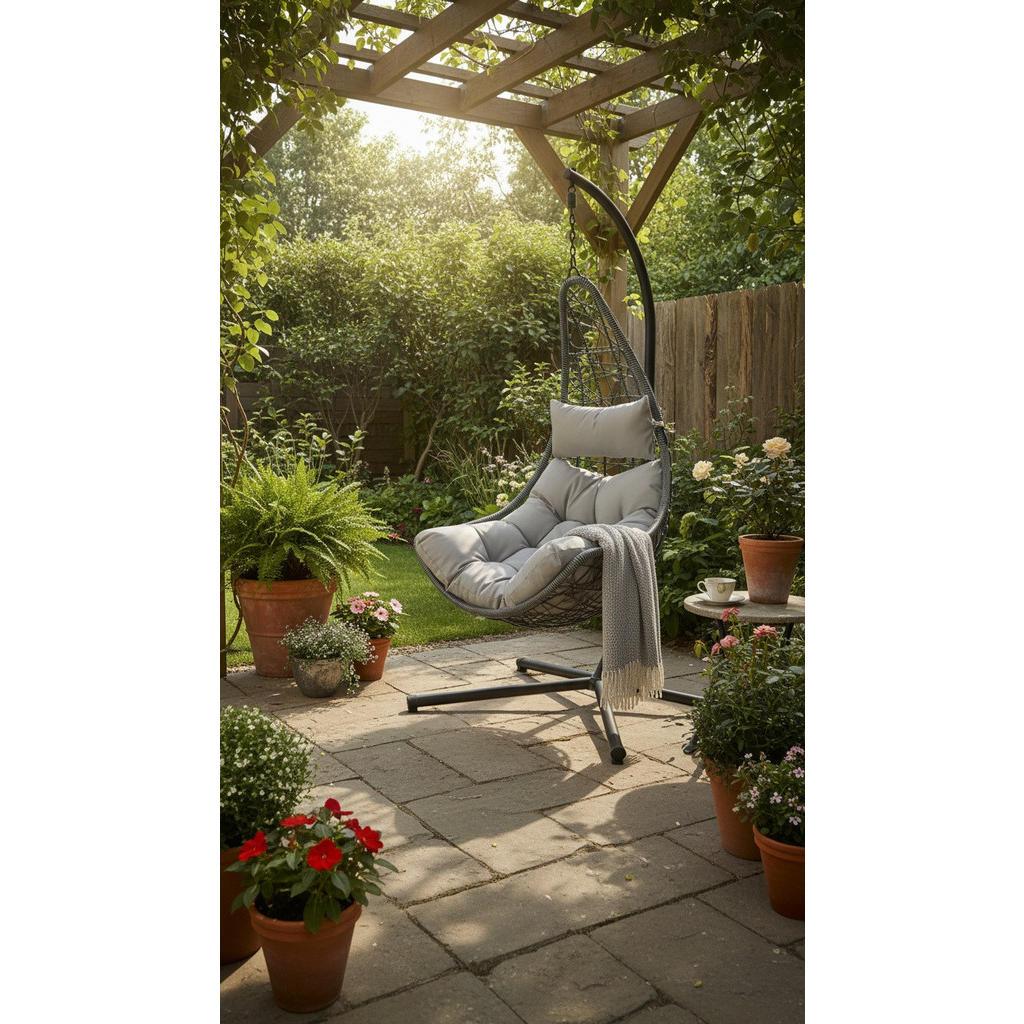 Hängesessel , Grau , Metall, Kunststoff , Uni , Füllung: Schaumstoff, Fleece,Schaumstoff, Fleece , 95x195 cm , wetterfest , Gartenmöbel, Hängesessel