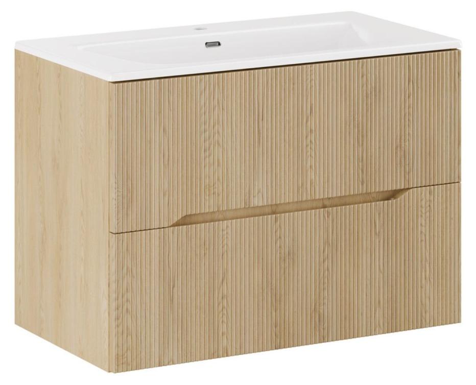 Badezimmer-Set NATURA 80cm: Unterschrank in heller Holzoptik mit vertikalen Rillen + eingelassenes Waschbecken