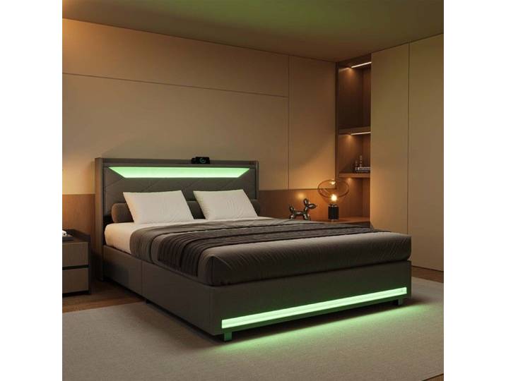 Structure de lit 160x200 cm Lit coffre 160x200 cm avec LED et USB Tissu en lin Lit 160x200 cm Coffre de rangement Sommier