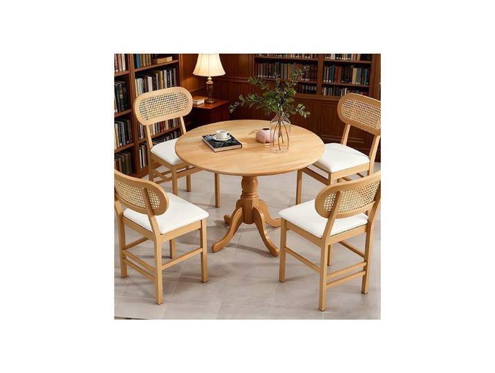 COSTWAY Ensemble 5 Pièces Table à Manger Ronde en Bois et 4 Chaises en Similicuir Dossier en Rotin Cannage pour 4 Personnes Naturel