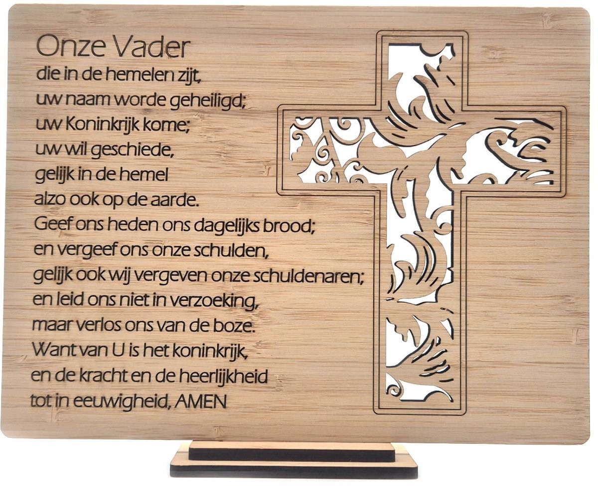 Houten decoratie Het Onze Vader met Bijbeltekst voor op tafel