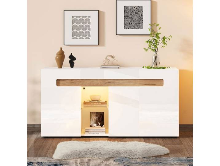 Buffet 140cm avec LED Contrôle App 3 Portes Haute Brillance Étagère en Verre