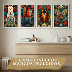 POSTER 4er-Set farbenfrohe Kunstdrucke im Folk-Art-Stil, Tiere und Blumen-Dekorationsbilder, im botanischen Stil für Wohnzimmer Weißer Rahmen A3