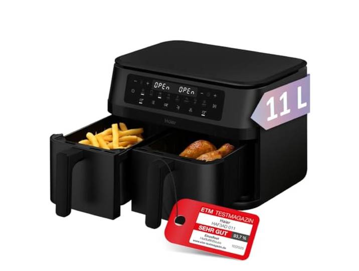 Haier Heißluftfritteuse 2 Kammern I 11L Airfryer Doppelkammer I 9 Portionen Doppel-Heißluftfritteuse, Kammern flexibel & unabhängig einstellbar, 8 Funktionen, antihaft, spülmaschinenfest