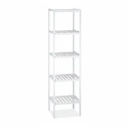 Relaxdays Bambus Badregal mit 5 Ablageflächen, HxBxT: 139,5 x 34,5 x 33 cm, hohes Standregal, Küchenregal, weiß
