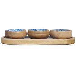 Mango Wood Tray with 3 Bowls - Blue Stripes