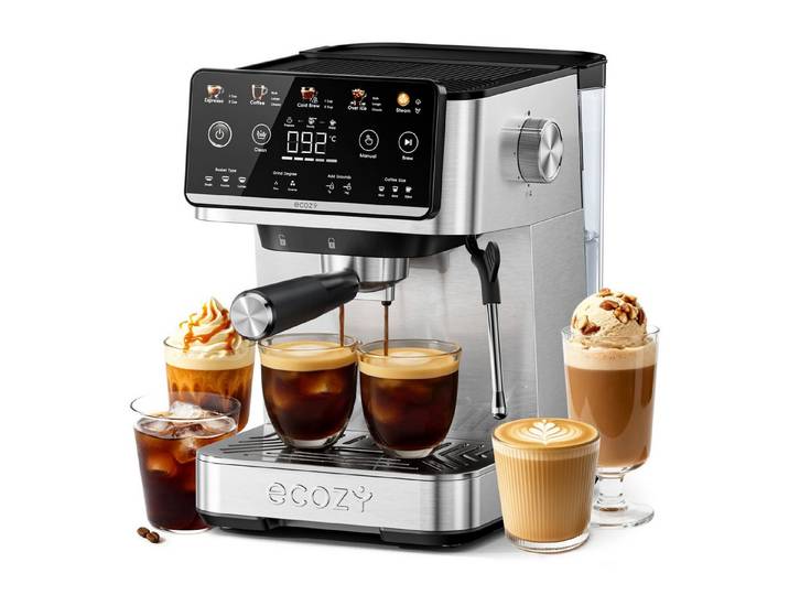 eCozy Espressomaschine mit Milchaufschäumer, Interaktiver Touchscreen, 4-in-1 Siebträgermaschine für Espresso, Kaffee, Cold Brew, Over Ice, Cappuccino, Latte, Siebfilter, One-Touch-Selbstreinigung, Schnelle Aufheizzeit