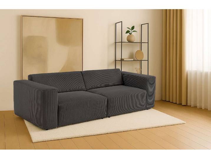 3-Sitzer Sofa, Cord, Dunkelgrau 232×96 cm, Wellenunterfederung, Skandinavisch, andas