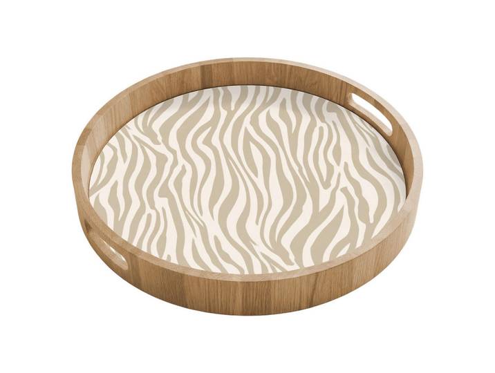 OnlyWow Tablett - Zebra - Muster - Beige - 40x40 cm, Holz, Echtholz,Eiche, Rund, 40x5x5 cm, Geschirr, Tischkultur & Serviergeschirr, Tabletts