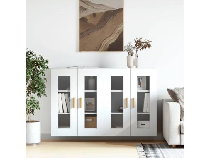 2er Set Wandschraenke Weiss Holzwerkstoff Haengeschrank mit Glastuer Wandmontage, Stauraum, Glastueren, Sideboard-Aufsatz, robustes Holzwerkstoff