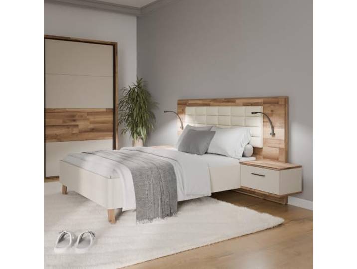 Forte RICCIANO Bettgestell mit Nachtkommoden 140x190cm, Bett mit Polsterkopfteil, Holzwerkstoff, Stabeiche Holzdekor/Kaschmir Beige, 256,5 cm breit x 119,7 cm hoch x 199,9 cm tief