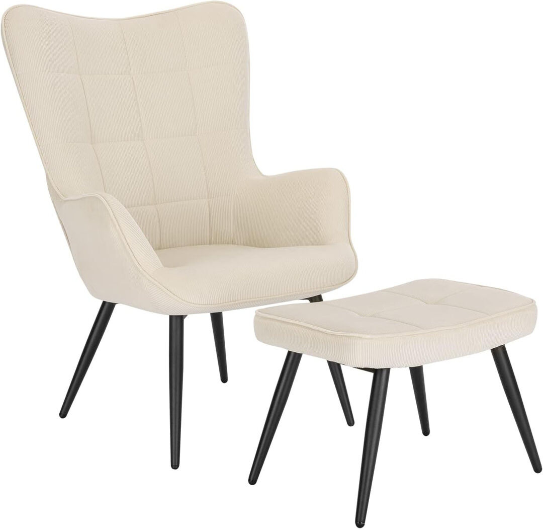 Hykkon Nevin Velvet Lounge Chair With Footstool Cream White
