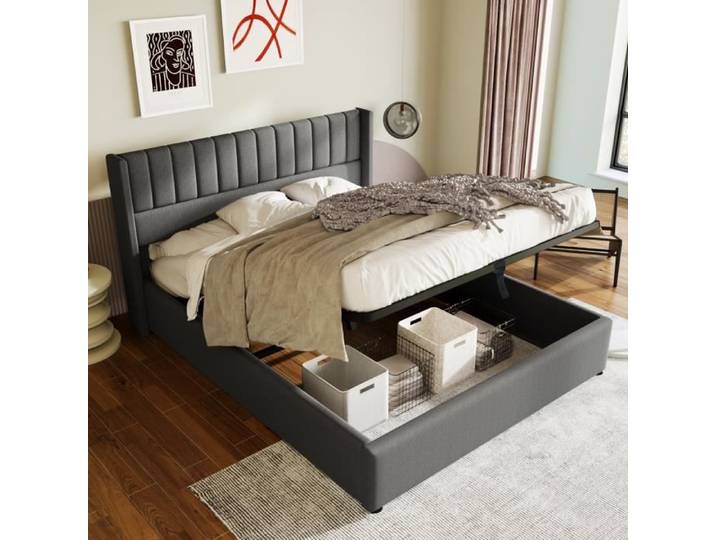 Lit coffre - LEYTN - 160x200cm - Gris - Rangement sous le lit - Design contemporain