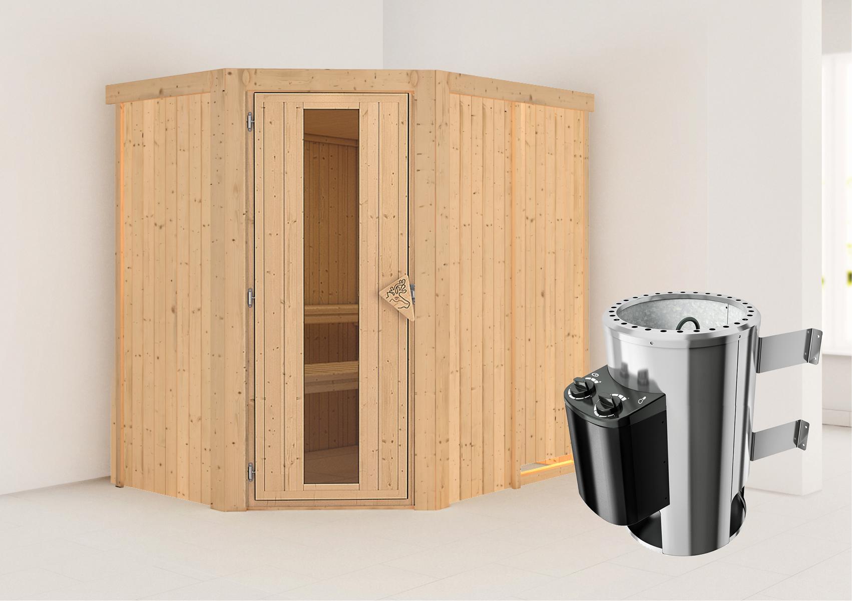 KARIBUHOLZT Sauna Saja Eck 3,6kW int.Strg m.einer Isoliertür 16880019