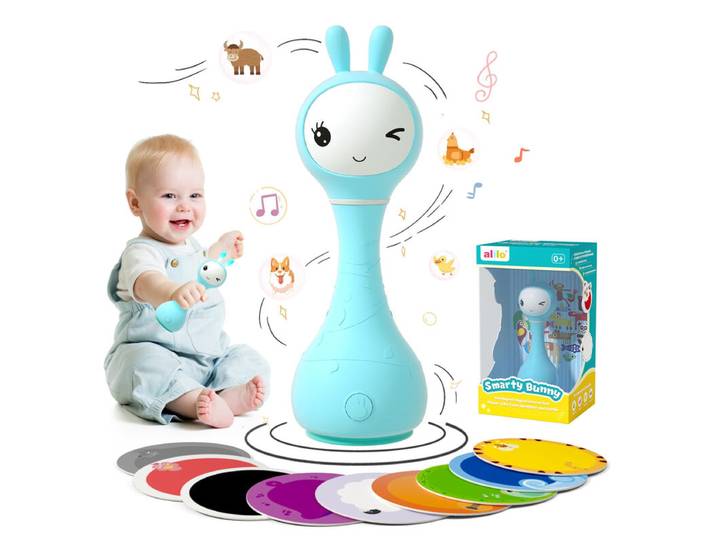 ALILO Hochet musical lumineux pour bébé 0+ mois avec 5 modes musicaux et fonction de reconnaissance des couleurs avec 9 cartes - Bleu