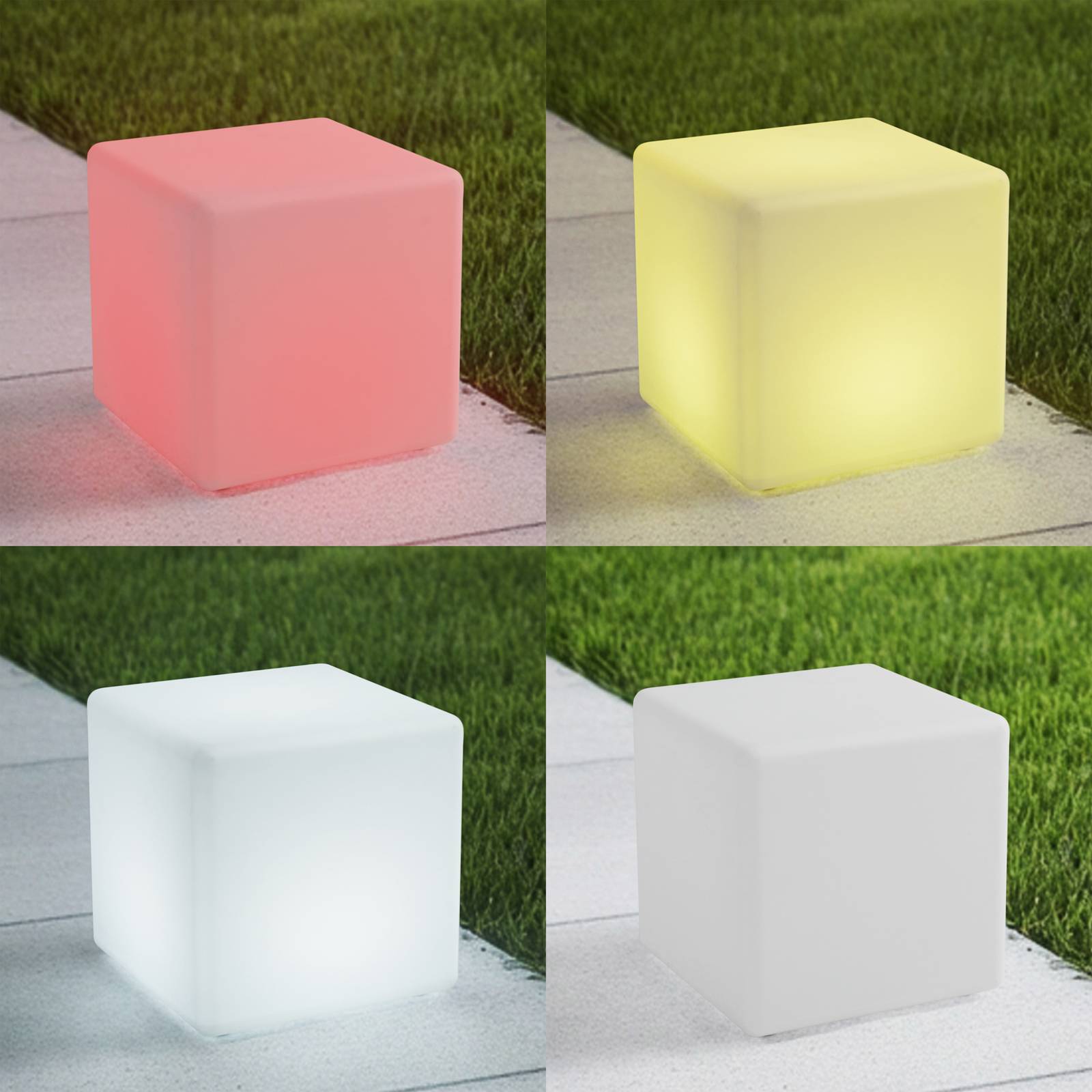 Lindby Akku-LED-Außenleuchte Cubara, RGB, Würfel, Kunststoff Cubara Lindby, dimmbar, weiß / opal, Kunststoff, Modern