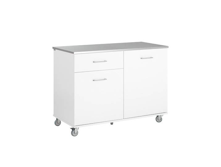 SoBuy Kücheninsel mit Rollen und Edelstahl-Arbeitsplatte Weiß 120x56x90 cm, Holzwerkstoff, Metall, 120x90x56 cm, Esszimmer, Servierwagen
