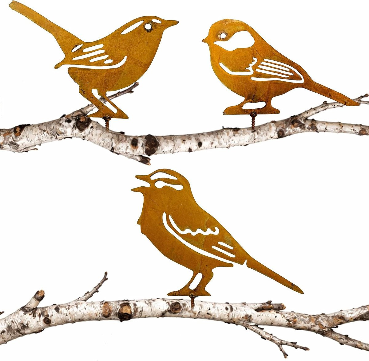Decoratieve metalen vogel tuinsteker in vintage stijl, bruin/oranje/rood