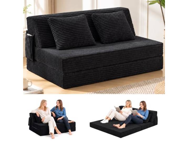 Klappbares Schlafsofa mit Kissen, 4-in-1-Boden-Couch-Stuhl, schwarz Ausklappbares Schlafsofa mit Flanellbezug, umwandelbare Couch ohne Knochen, Bodenmatratze, Liege für Wohnzimmer, waschbar