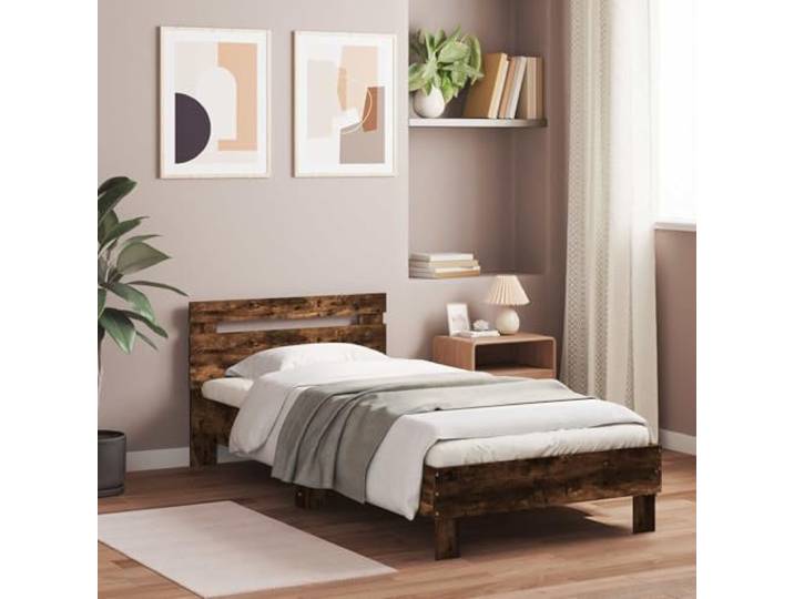 RJPLMFV Bettgestell, rauchige Eiche, Holz Modernes Design, Kopfteil inklusive, Lattenrost, einfache Reinigung, klarer Stil