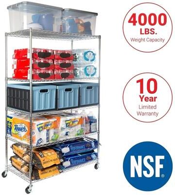 Seville Classics 48 in W x 24 in D x 72 in H, UltraDurable Commercial-Grade 5-Tier Steel Wire Shelving with Wheels