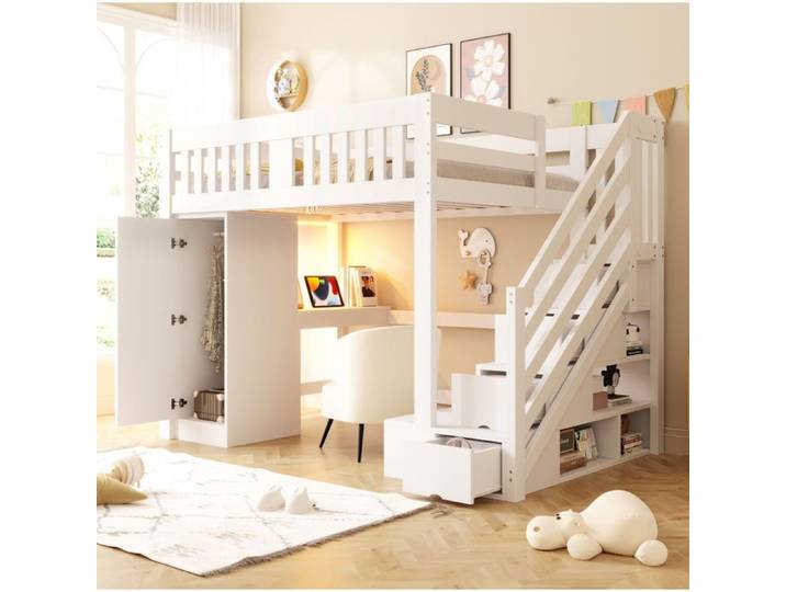 Hochbett 140x200 cm IVMEU avec bureau rangements LED armoire et banc blanc