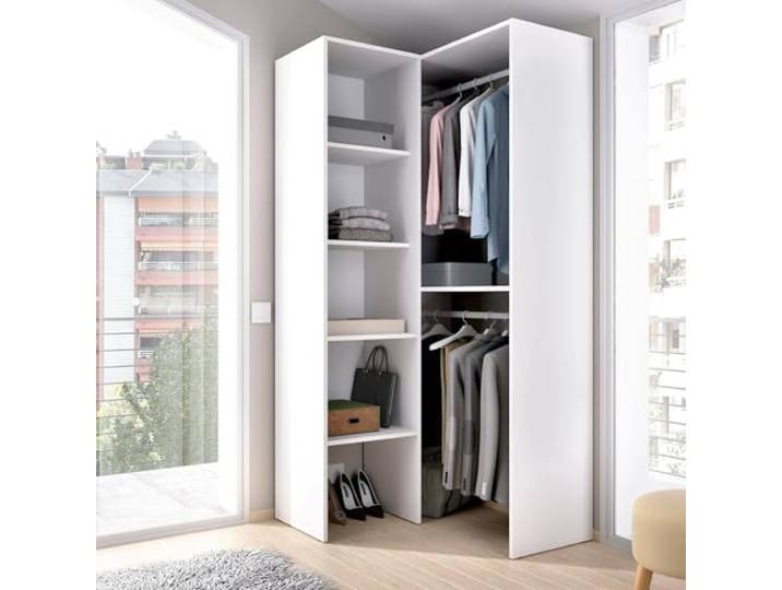 Dmora - Großer Kleiderschrank Bernina, Struktur für begehbaren Eckschrank, offener Eckkleiderbügel, 79x88h186 cm, Weiß