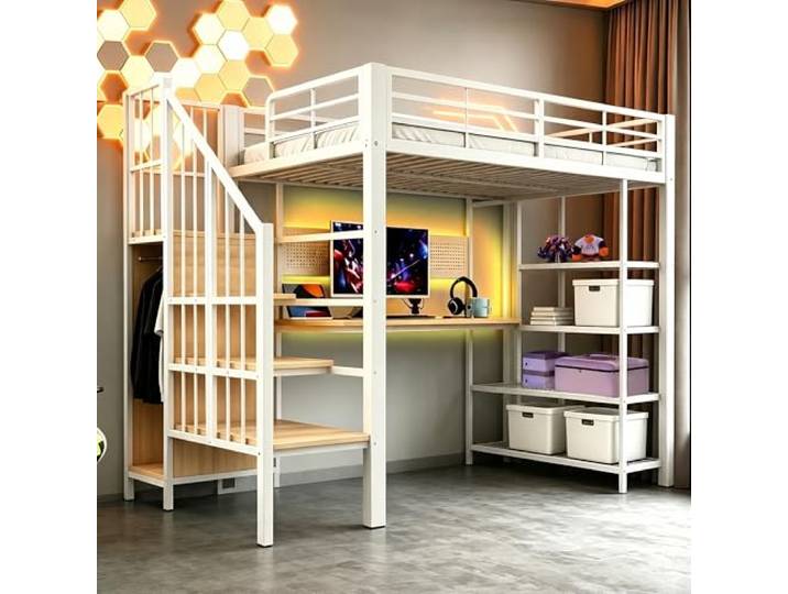 Merax Eisen-Hochbett 90x200 cm mit langem Schreibtisch, Langer Lochwand, Euro-Steckdose, LED & mehrstöckigen Ablagefächern – Weiß (Ohne Matratze)