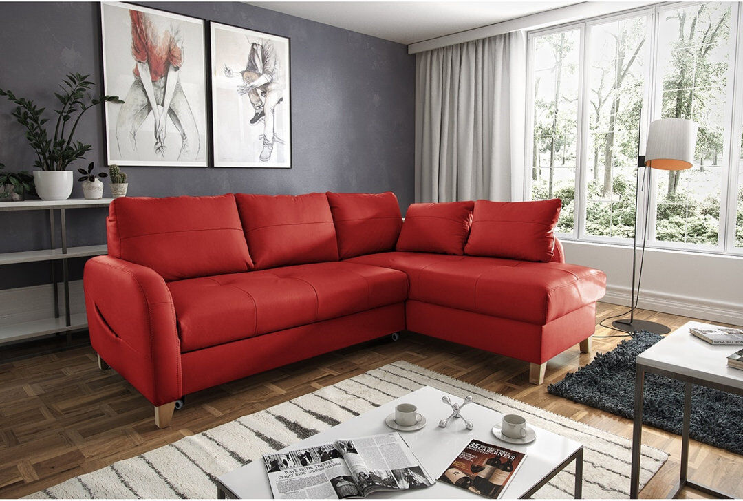 Latitude Run Alvaretta Leather Corner Sofa with Sleeping Function and Underseat Storage Red 87cm H X 227cm W X 168cm D