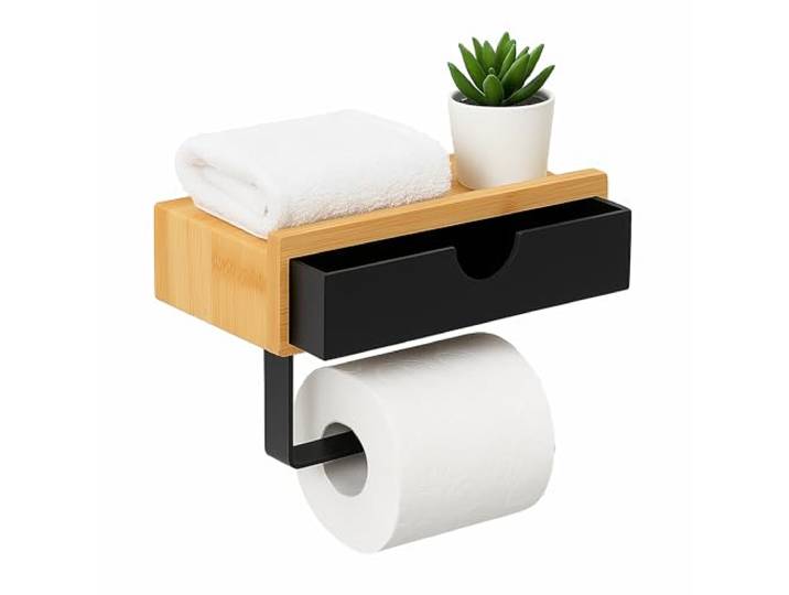Relaxdays Porte-Rouleau Papier Toilette avec étagère\, Noir/Naturel Smartphone\, clés\, en bambou et métal