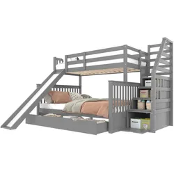 STILVORA Etagenbett 90x200 und 140x200 mit Schubladen und Rutsche – Multifunktionales Kiefernholz Bett für Kinder in Grau