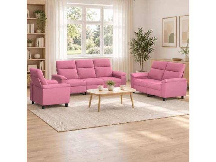 Sofa-Set 3 pcs Rosa Stoff Metallrahmen,Kissenrücken,konische Kunststoffbeine,Polyesterbezug,drinnen