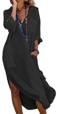 Uplifted Finds Shirt Dress For Women Linen Cotton Clothing Oversized Pure Long Midi Dress s black