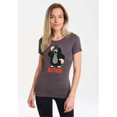 T-Shirt LOGOSHIRT "Der kleine Maulwurf - Krtek", Damen, Gr. S, grau (dunkelgrau), 100% Baumwolle, unifarben, lang, Rundhals, Shirts T-Shirt, mit coolem Maulwurf-Print