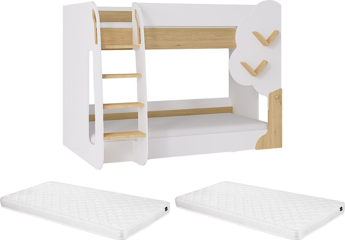 Etagenbett - 2 x 90 x 190 cm - Weiß & Holzfarben + Matratze - PILATI