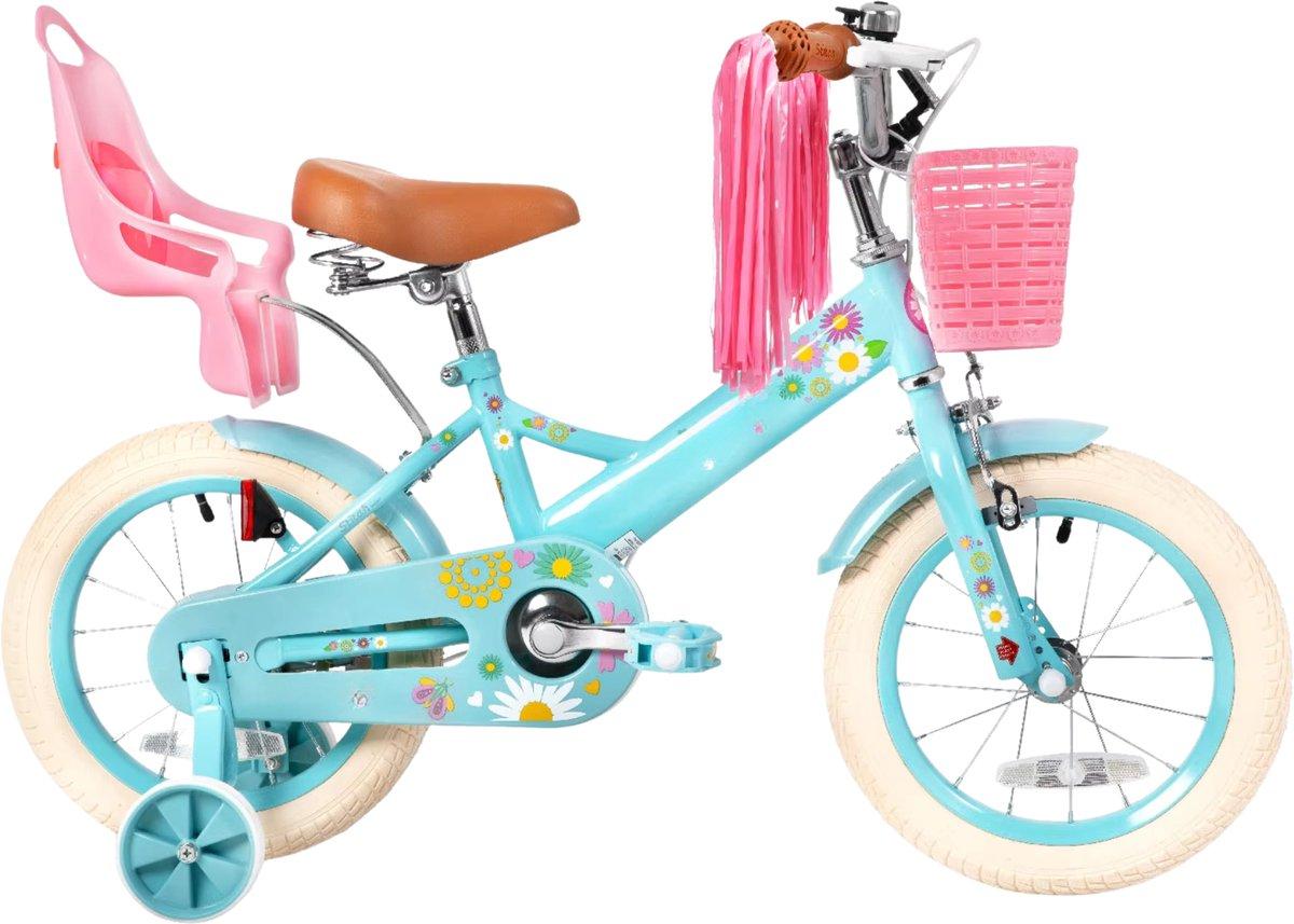 Kinderfahrrad 14 Zoll (36 cm) Unisex - Mit Stützrädern, Korb, Klingel & Puppensitz - Blau