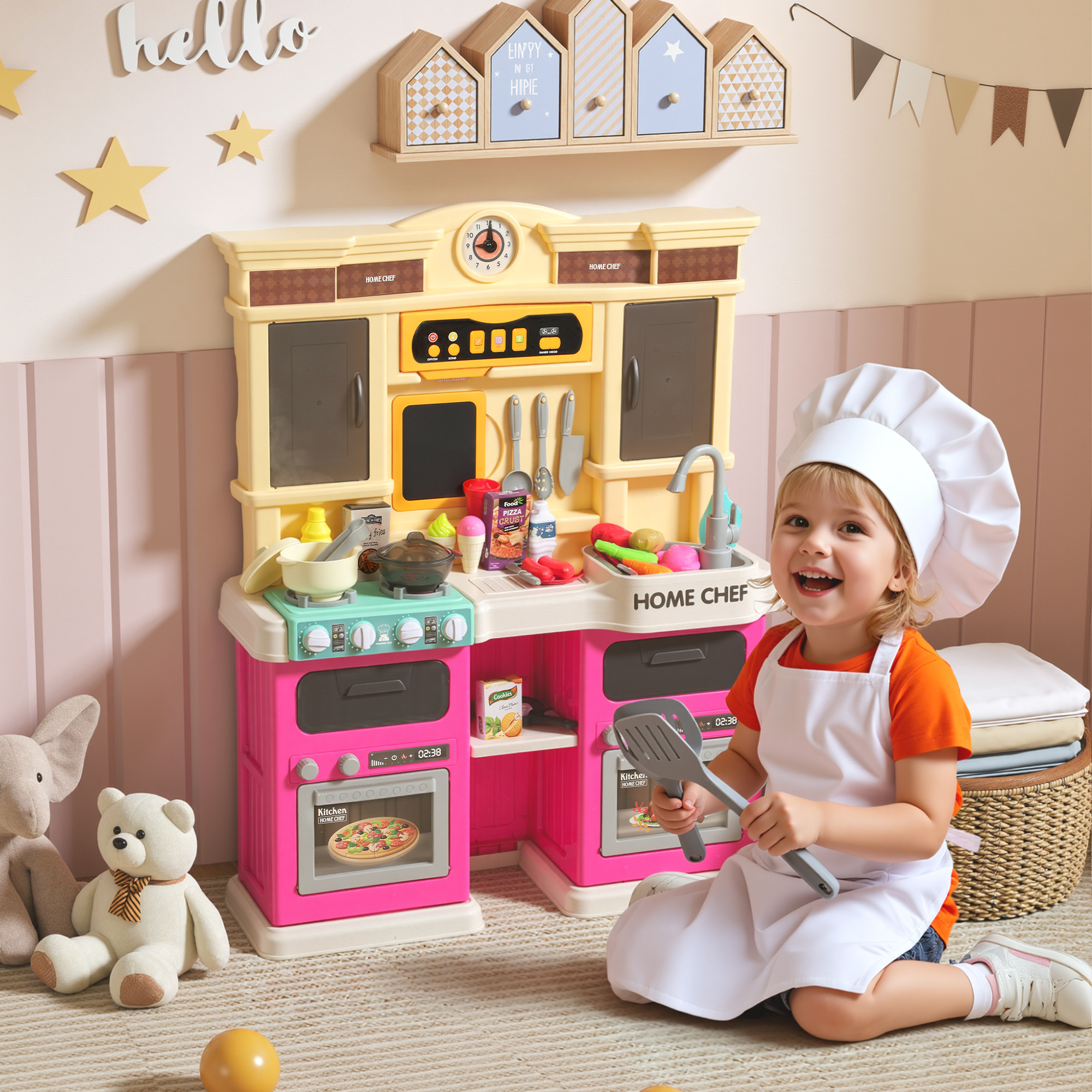 Aiyaplay Cucina giocattolo con acqua corrente, 85 pezzi di accessori, rubinetto elettrico, luci, suoni, per bambini da 3 a 6 anni   Aosom Italy
