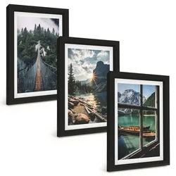 BILDER SET 3er Set - 20x30 cm Schwarzer Rahmen - Brücke, Wald, See, Boote, Berge