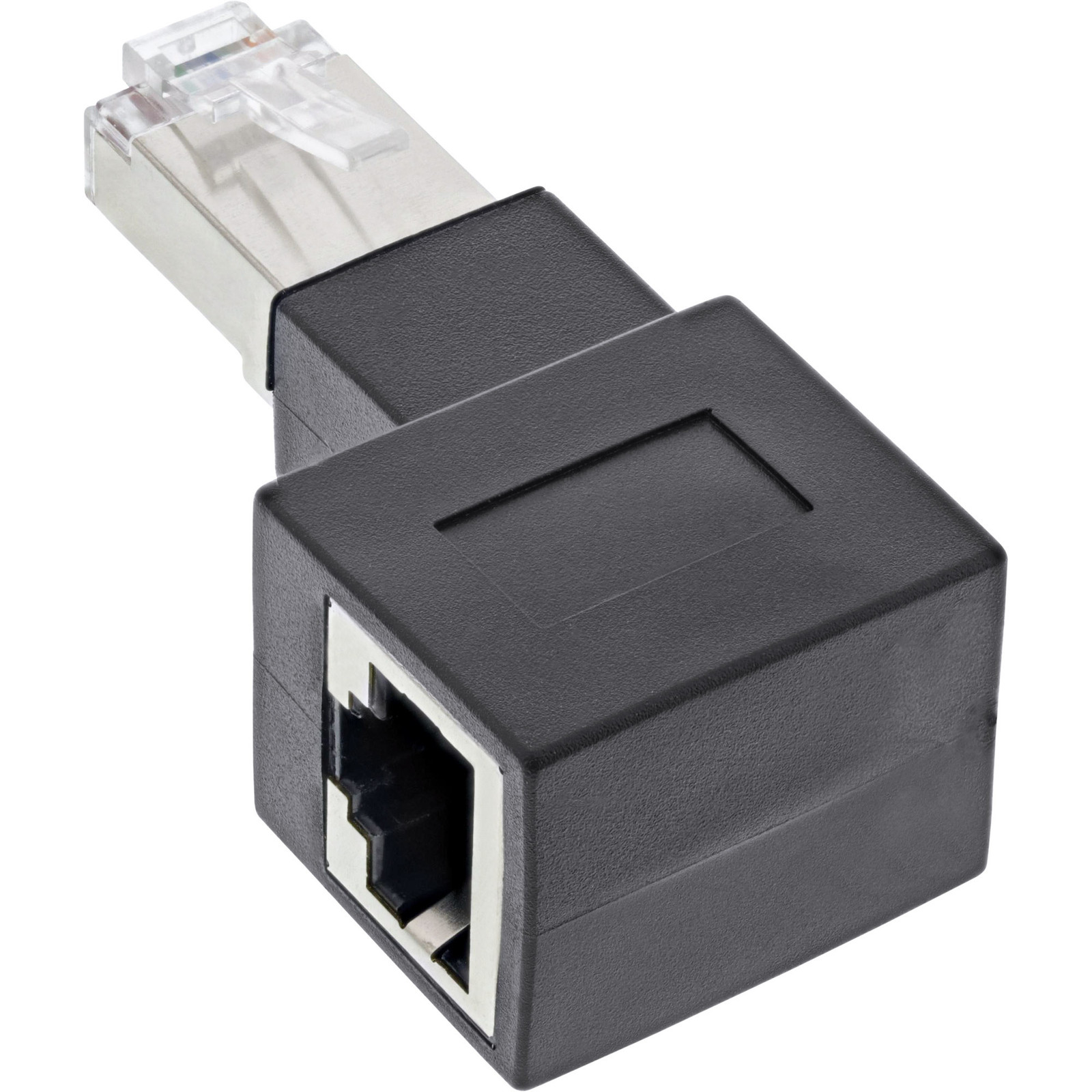 InLine Cat.6A inline patchkabeladapter met RJ45-aansluiting, 90° rechtsom gebogen, zwart