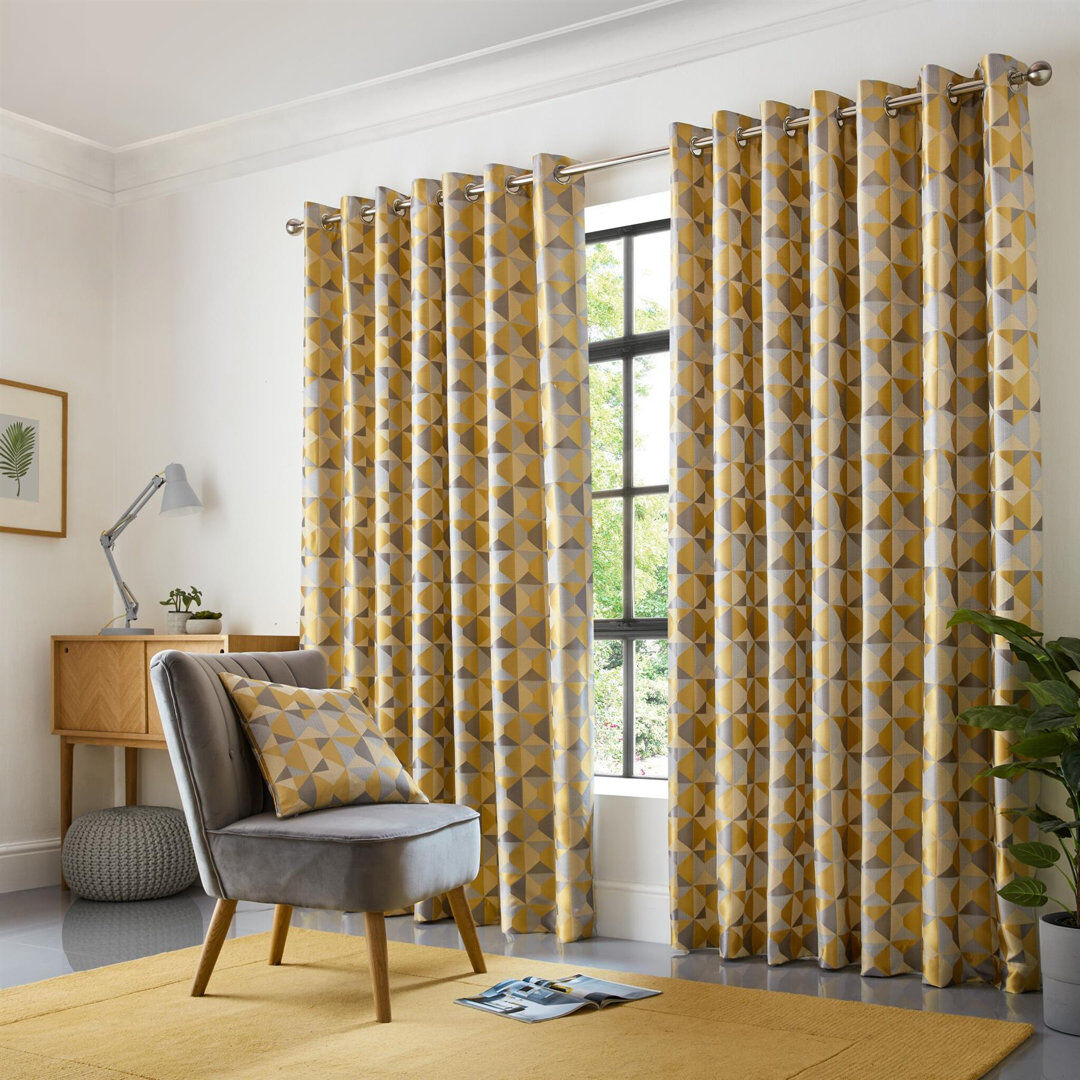 Hykkon Stamper Semi Sheer Curtain Pair Ochre/Silver 229 W x 229 D cm