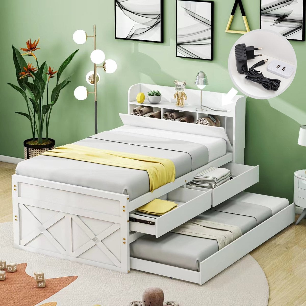 Sweiko Eenpersoonsbed van Massief Grenenhout met Lades en USB-aansluiting, Wit, 90 x 190 cm