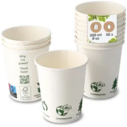 BIOZOYG 50 Stück Kaffeebecher 200ml / 8oz Einwegbecher Pappbecher weiß mit Bedruckung, kompostierbar nachhaltig Partybecher Trinkbecher Biobecher
