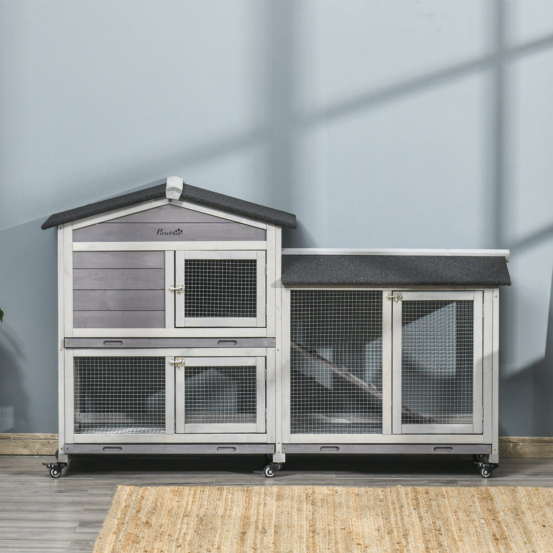 PawHut Rabbit Hutch Bunny Cage Outdoor 2-Tier with Wheels & Tray Grey Painted 99.5cm H X 157.4cm W X 53cm D