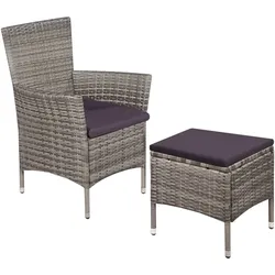 vidaXL Gartenstuhl und Hocker mit Polstern Poly Rattan Grau