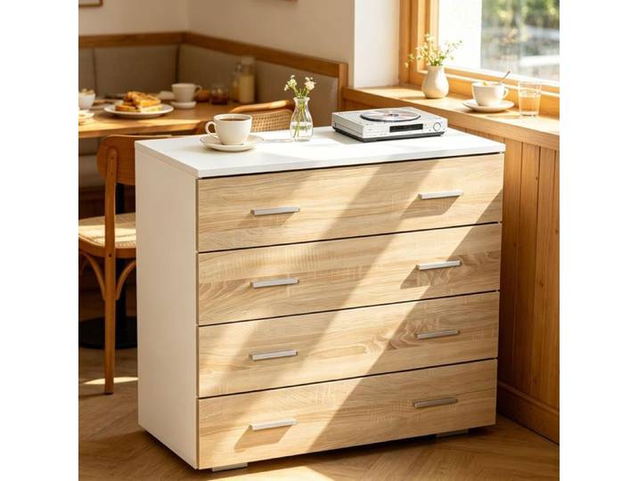 Commode 4 tiroirs blanche et bois clair