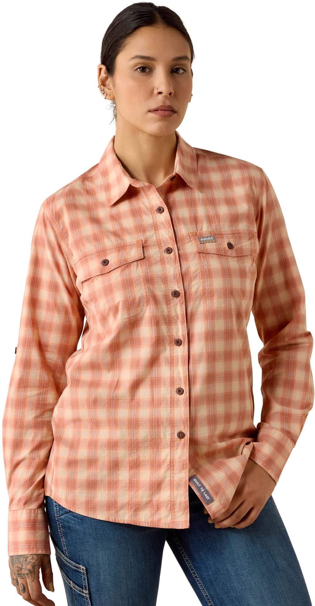 Women's Rebar Made Tough DuraStretch Work Shirt in Langoustino, Size: Medium by Ariat